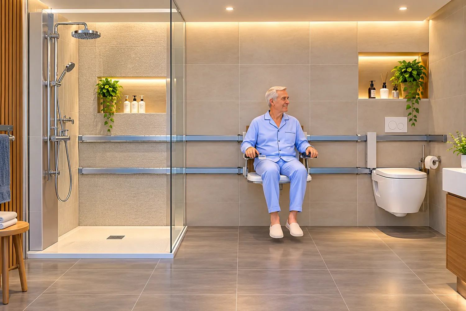 Illustration de salle de bain accessible avec douche latérale