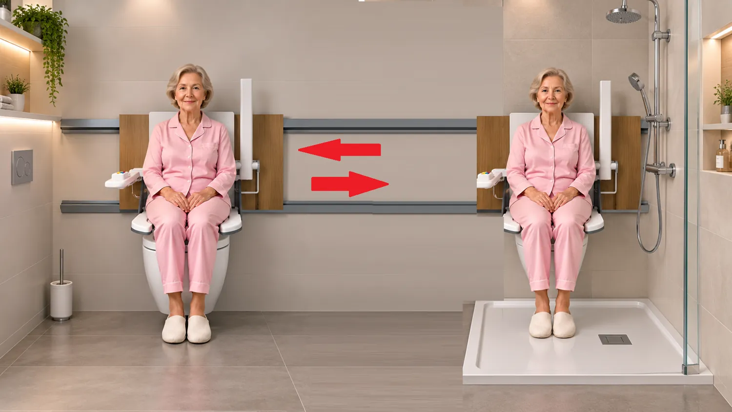 Illustration du déplacement latéral d'une personne assise entre WC et douche